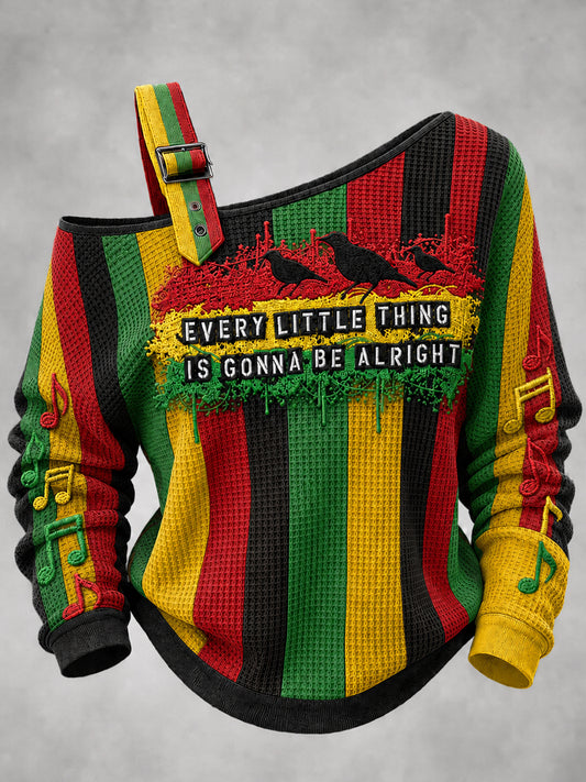 Women's Reggae Printed One Shoulder Waffle Casual Sweatshirt