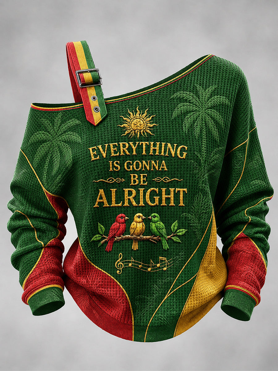 Women's Reggae Printed One Shoulder Waffle Casual Sweatshirt