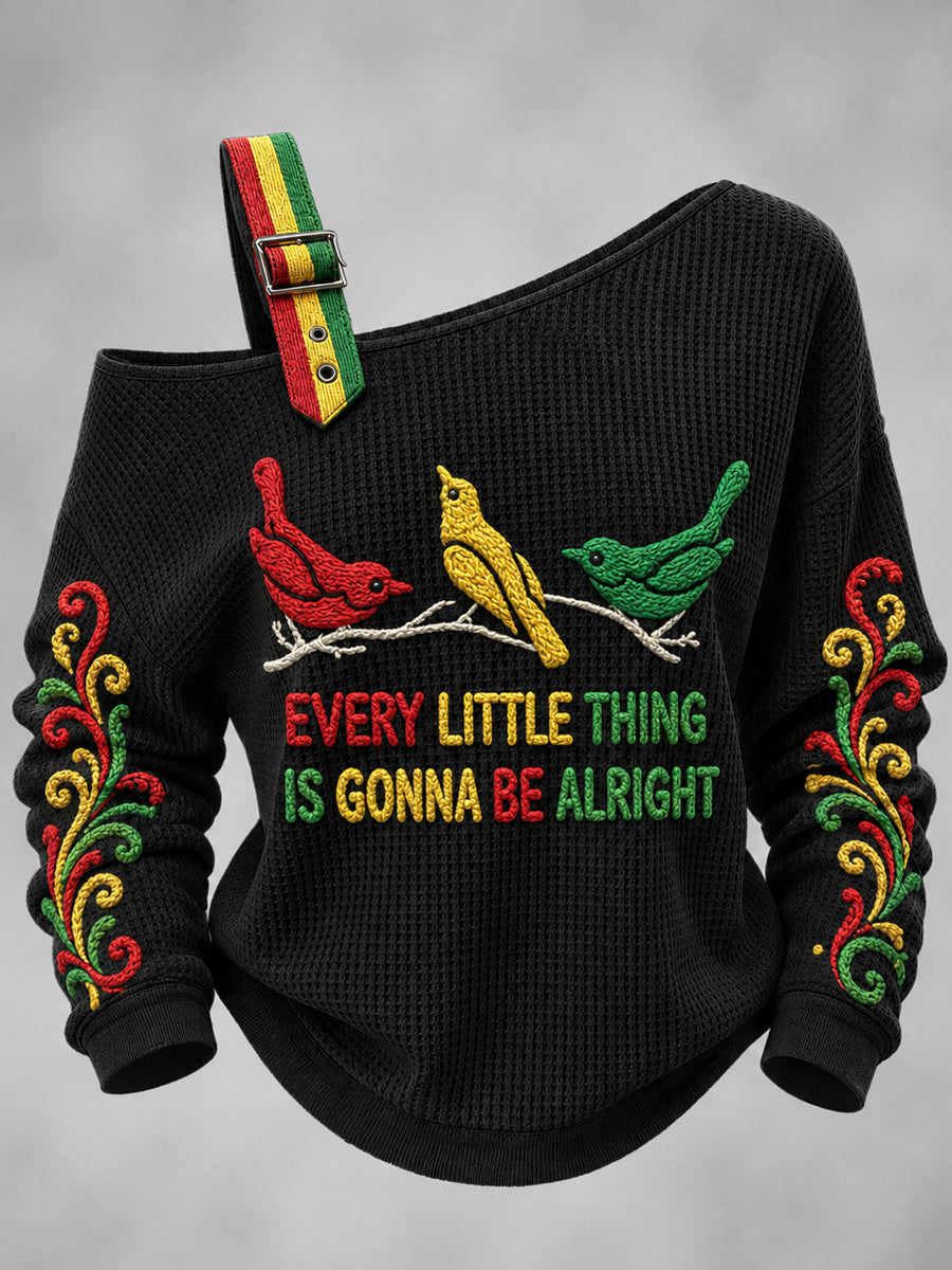 Women's Reggae Printed One Shoulder Waffle Casual Sweatshirt