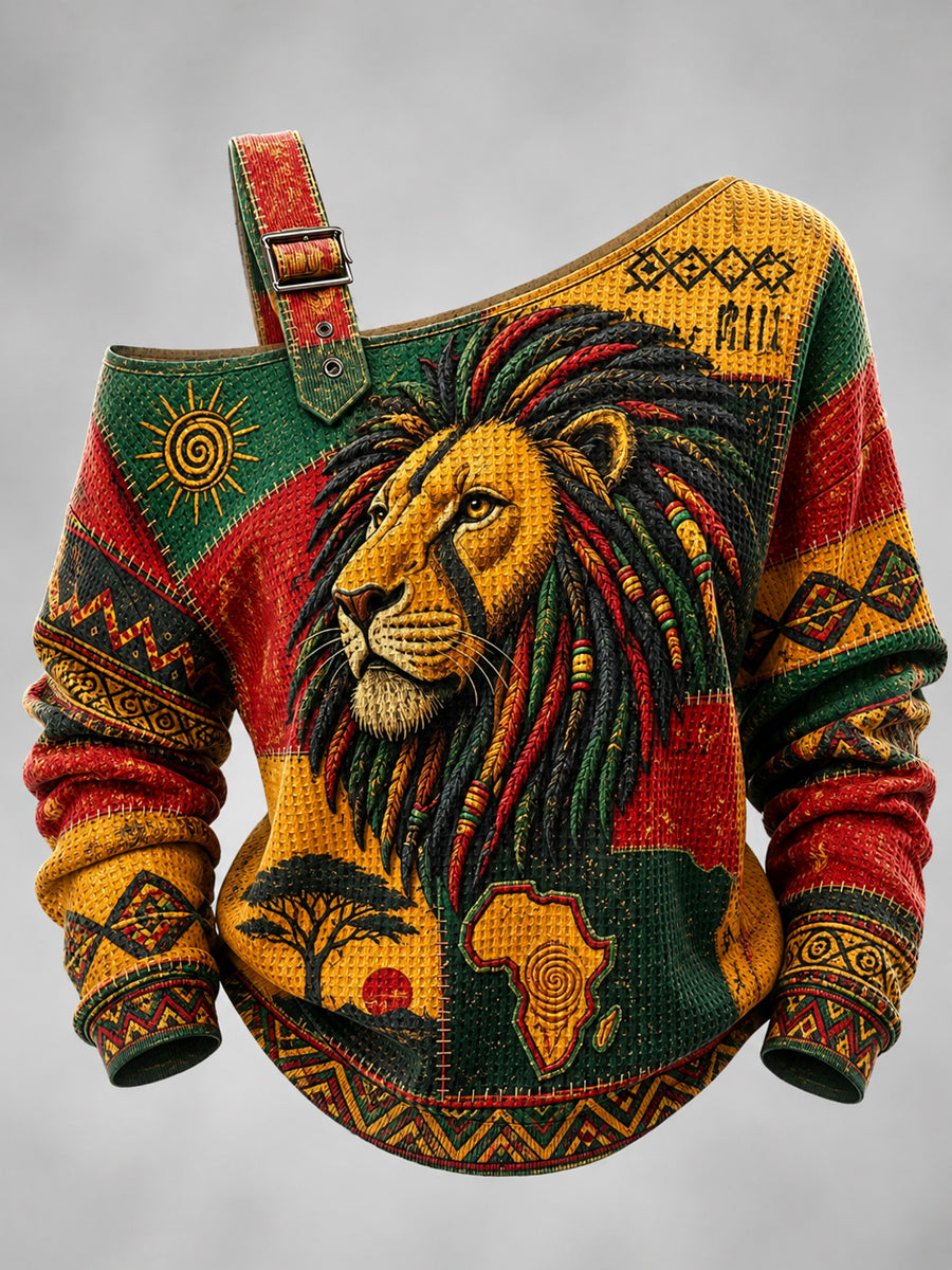 Women's Reggae Printed One Shoulder Waffle Casual Sweatshirt