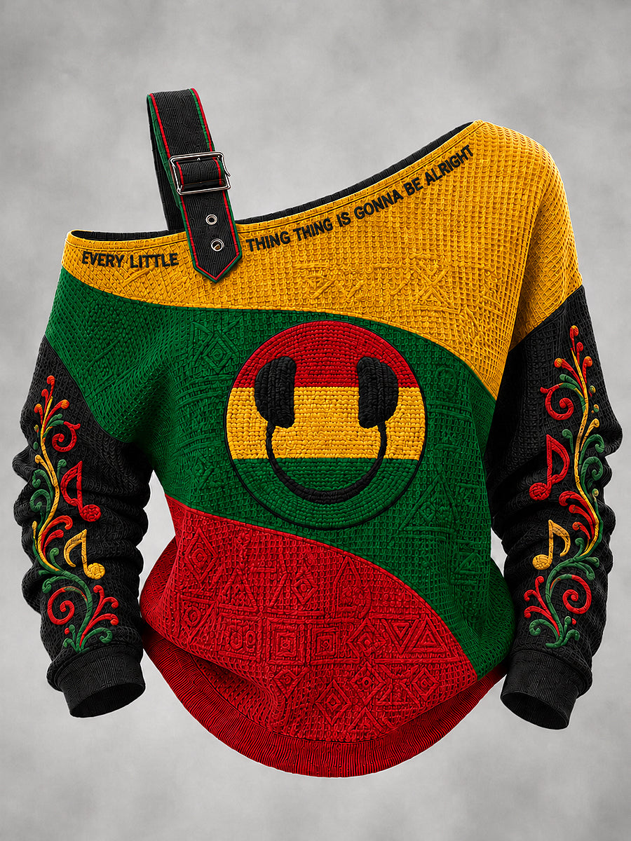 Women's Reggae Printed One Shoulder Waffle Casual Sweatshirt