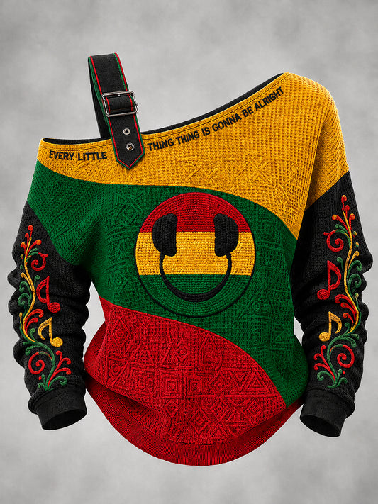 Women's Reggae Printed One Shoulder Waffle Casual Sweatshirt