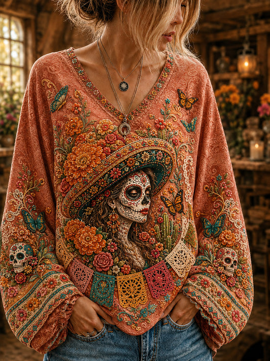 Women's Mexico's Day of the Dead Cotton-Linen V-Neck Long Sleeve