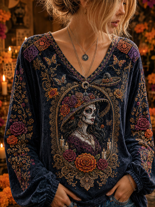 Women's Mexico's Day of the Dead Cotton-Linen V-Neck Long Sleeve