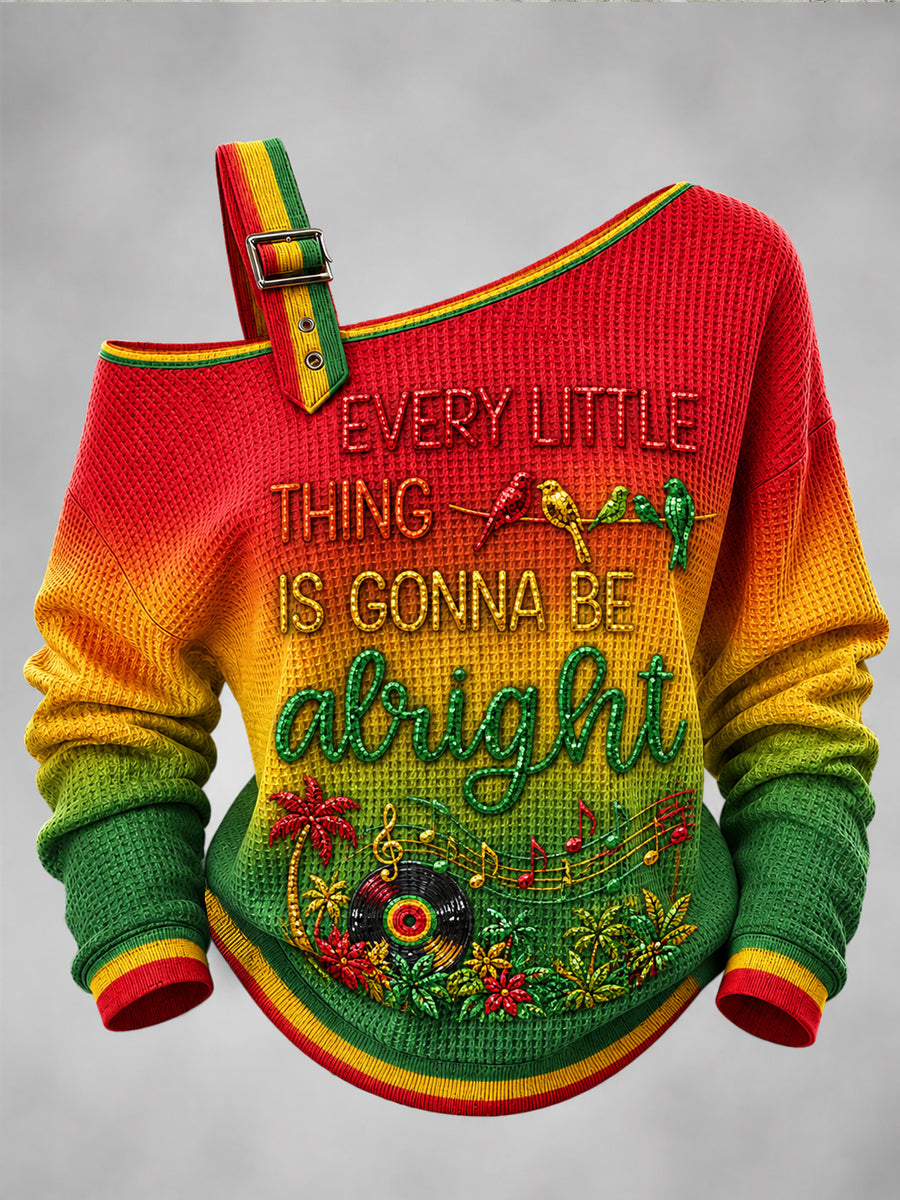 Women's Reggae Printed One Shoulder Waffle Casual Sweatshirt