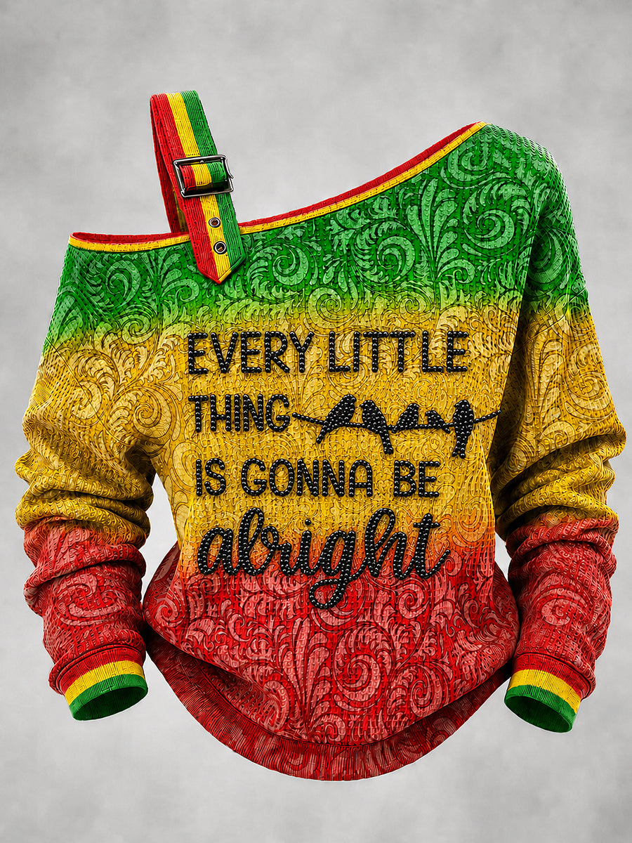 Women's Reggae Printed One Shoulder Waffle Casual Sweatshirt