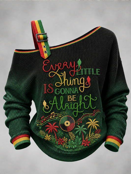 Women's Reggae Printed One Shoulder Waffle Casual Sweatshirt
