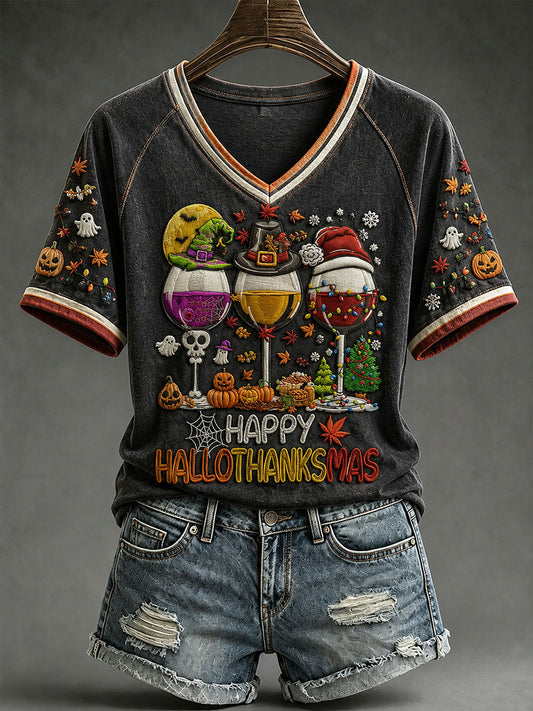 Women's Happy Hallothanksmas V-neck T-shirt