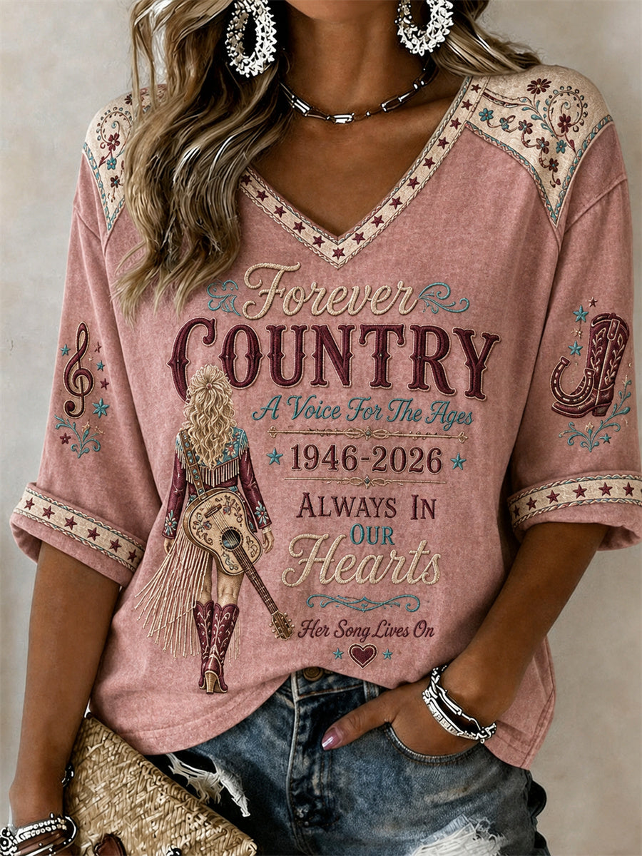 Women's Country Music Legend Print Memorial Mid-length Sleeves V-Neck T-Shirt