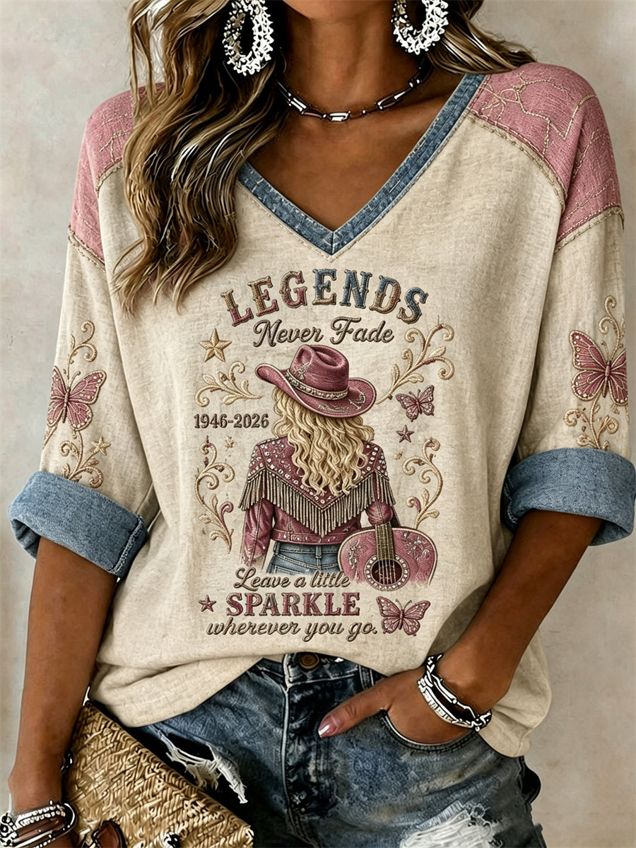 Women's Country Music Legend Print Memorial Mid-length Sleeves V-Neck T-Shirt