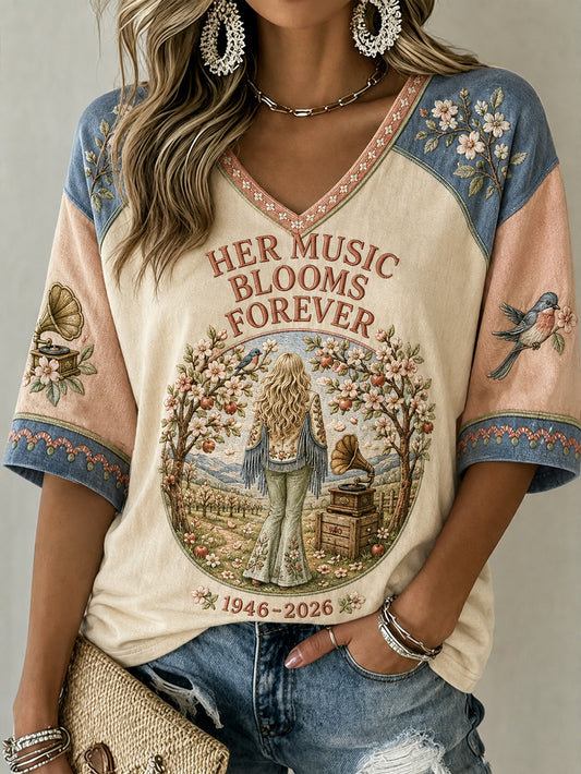 Women's Country Music Legend Tribute Casual Memorial Mid-length Sleeves V-Neck T-Shirt