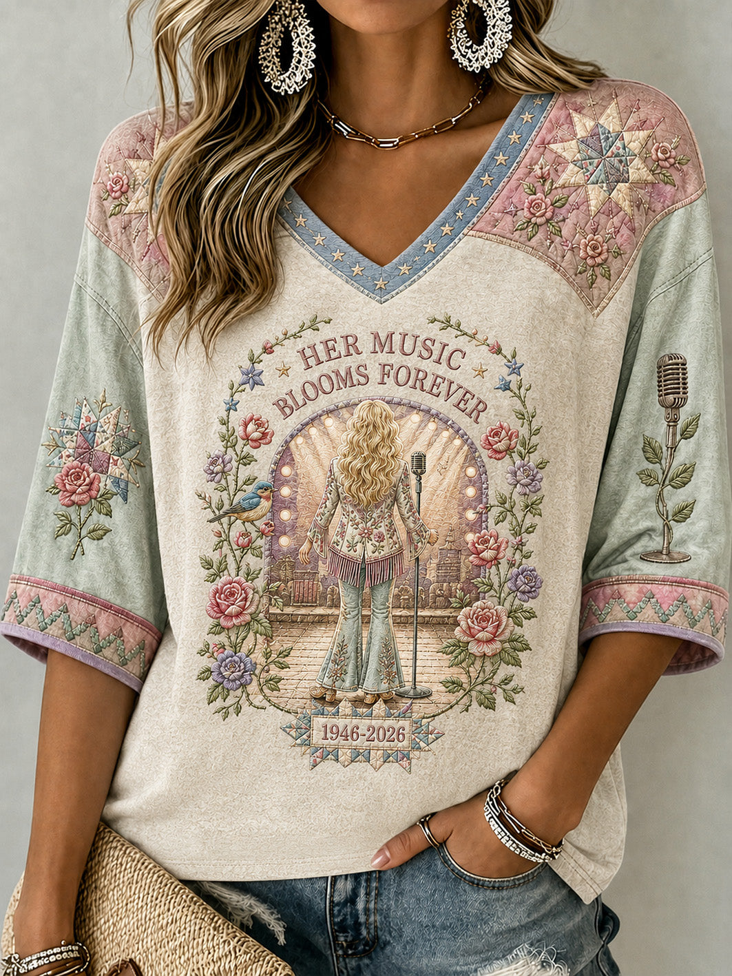 Women's Country Music Legend Tribute Casual Memorial Mid-length Sleeves V-Neck T-Shirt