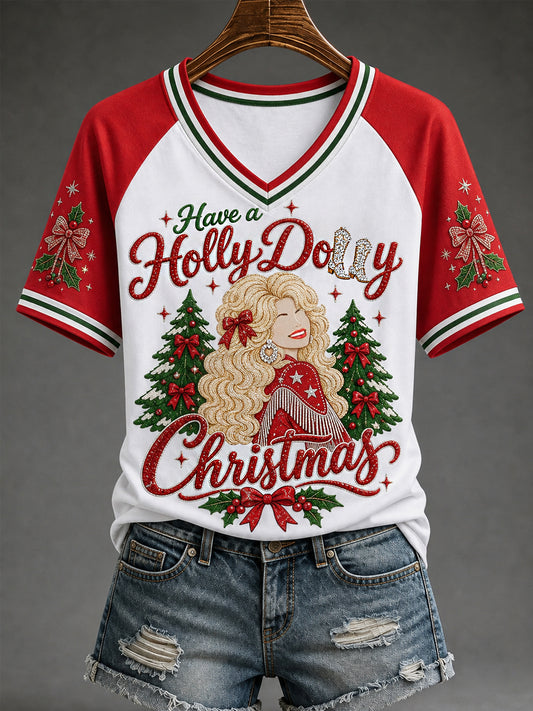 Women's Have A Holly Dolly Christmas We Will Always Love You Country Music Legend Tribute V-Neck Tee