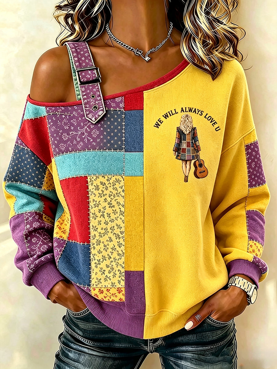 Women's Country Music Lover We Will Always Love U 925 Printed  Casual Off-Shoulder Sweatshirt