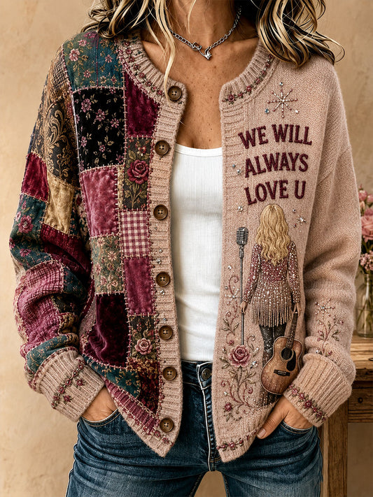 Women's Country Music Lover We Will Always Love U Printed Cardigan-Style Knit Jacket