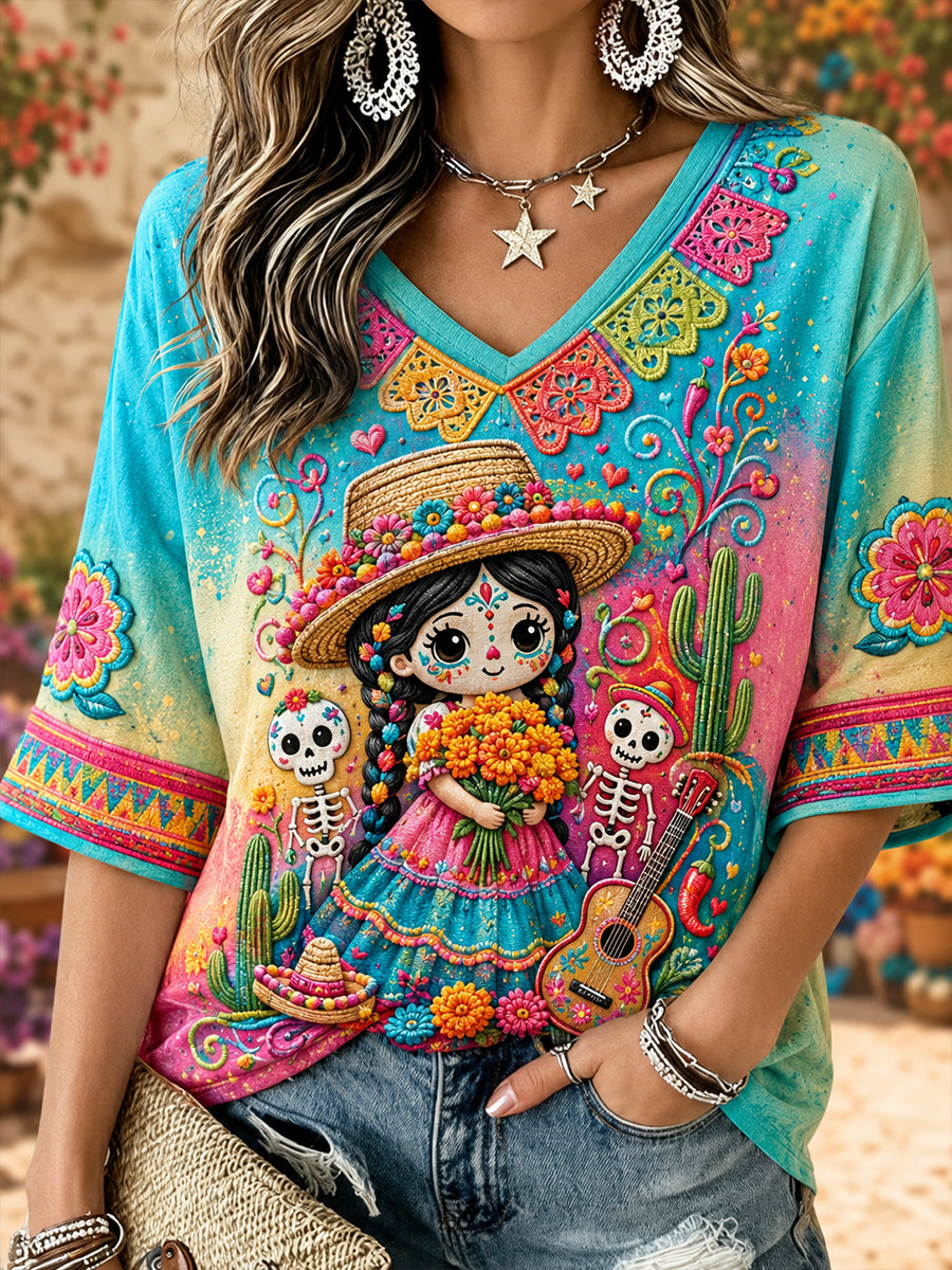 Women's Mexico's Day of the Dead  Embroidery Pattern Linen V-Neck Shirt