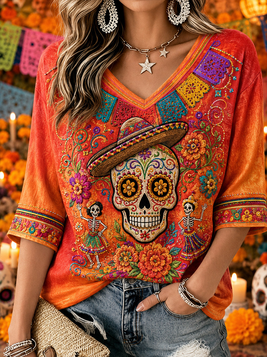 Women's Mexico's Day of the Dead Embroidery Pattern Linen V-Neck Shirt