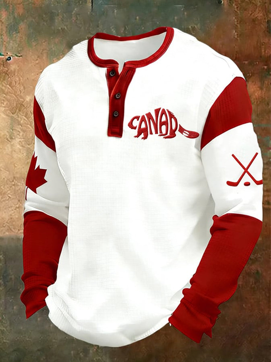 Men's Vintage Canada Hockey Printed Casual Henley Shirt