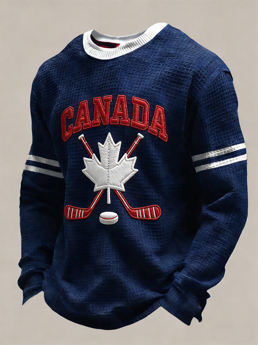 Retro Canadian Hockey Fan Casual Waffle-Weave T-Shirt