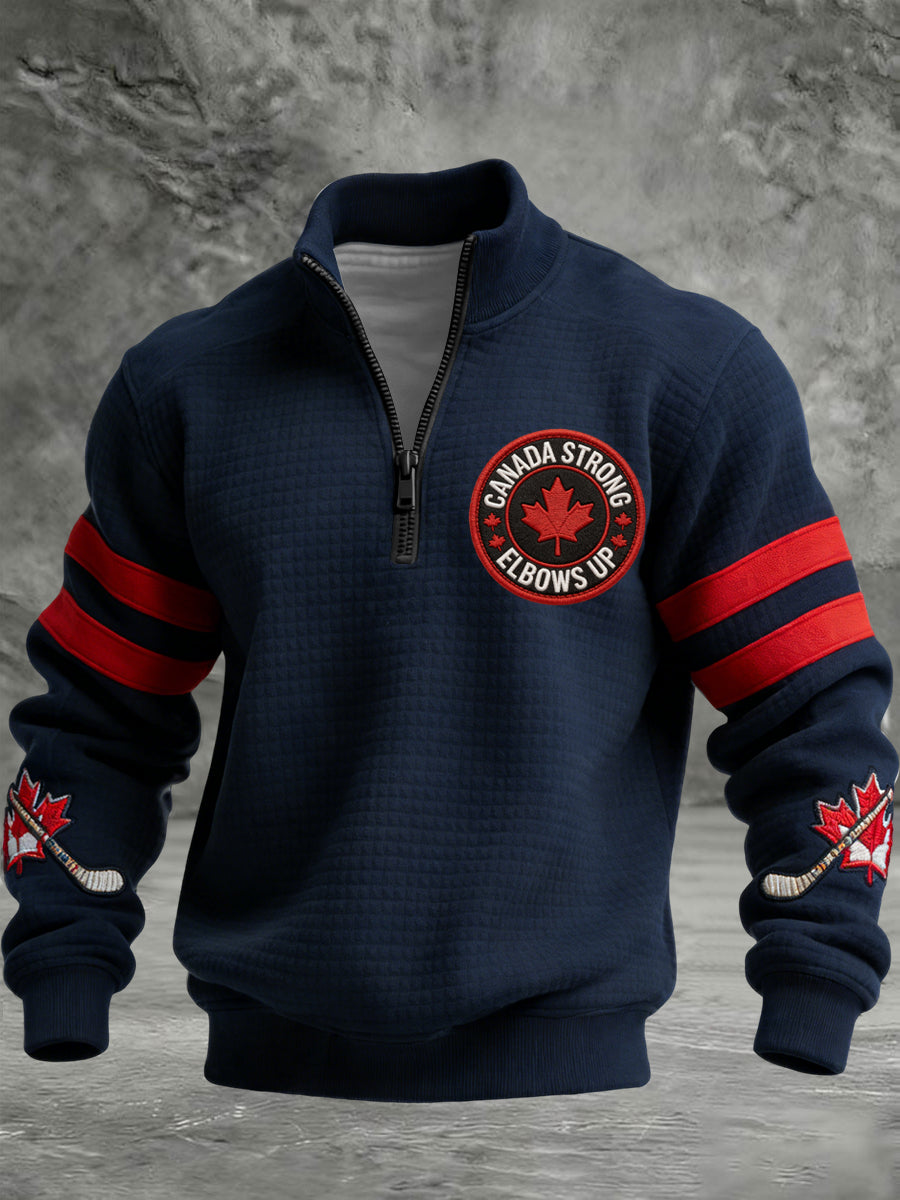 Retro Canadian Hockey Emblem Casual Waffle-Weave Pullover