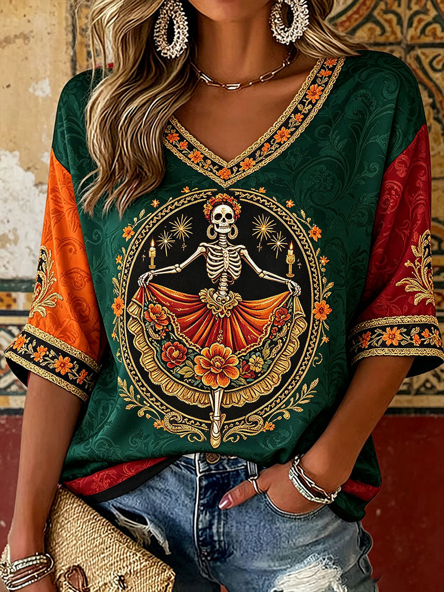 Women's Mexico Day of The Dead Floral Art Printed T-shirt