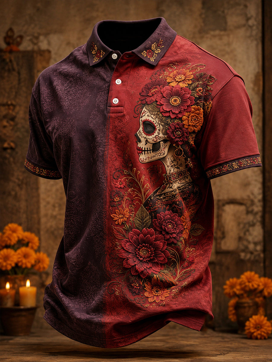Men's Mexico Day of The Dead Floral Art Printed Casual Tops