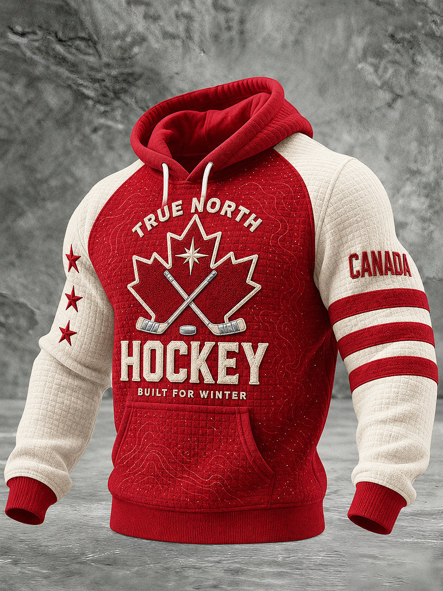 Men's Canadian Ice Hockey Printed Waffle Long Sleeved Hooded Sweatshirt