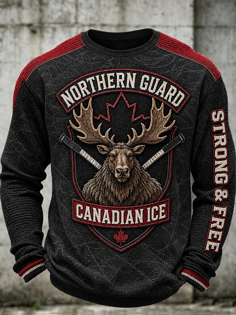 Men's Canadian Ice Hockey Printed Waffle Long Sleeved Round Neck Sweatshirt