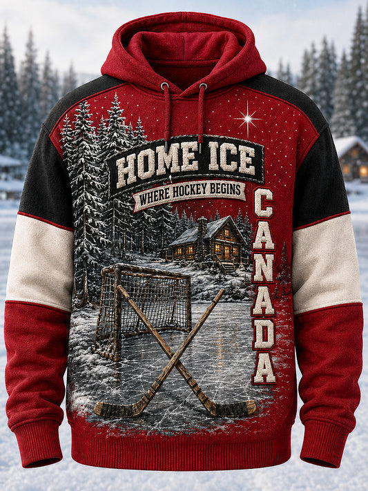 Men's Canadian Ice Hockey Printed Long Sleeved Hooded Sweatshirt