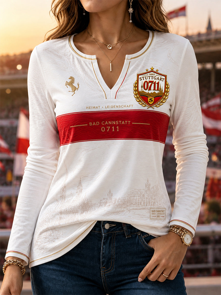 Women's Vfb Stuttgart Casual Patchwork V-Neck T-Shirt