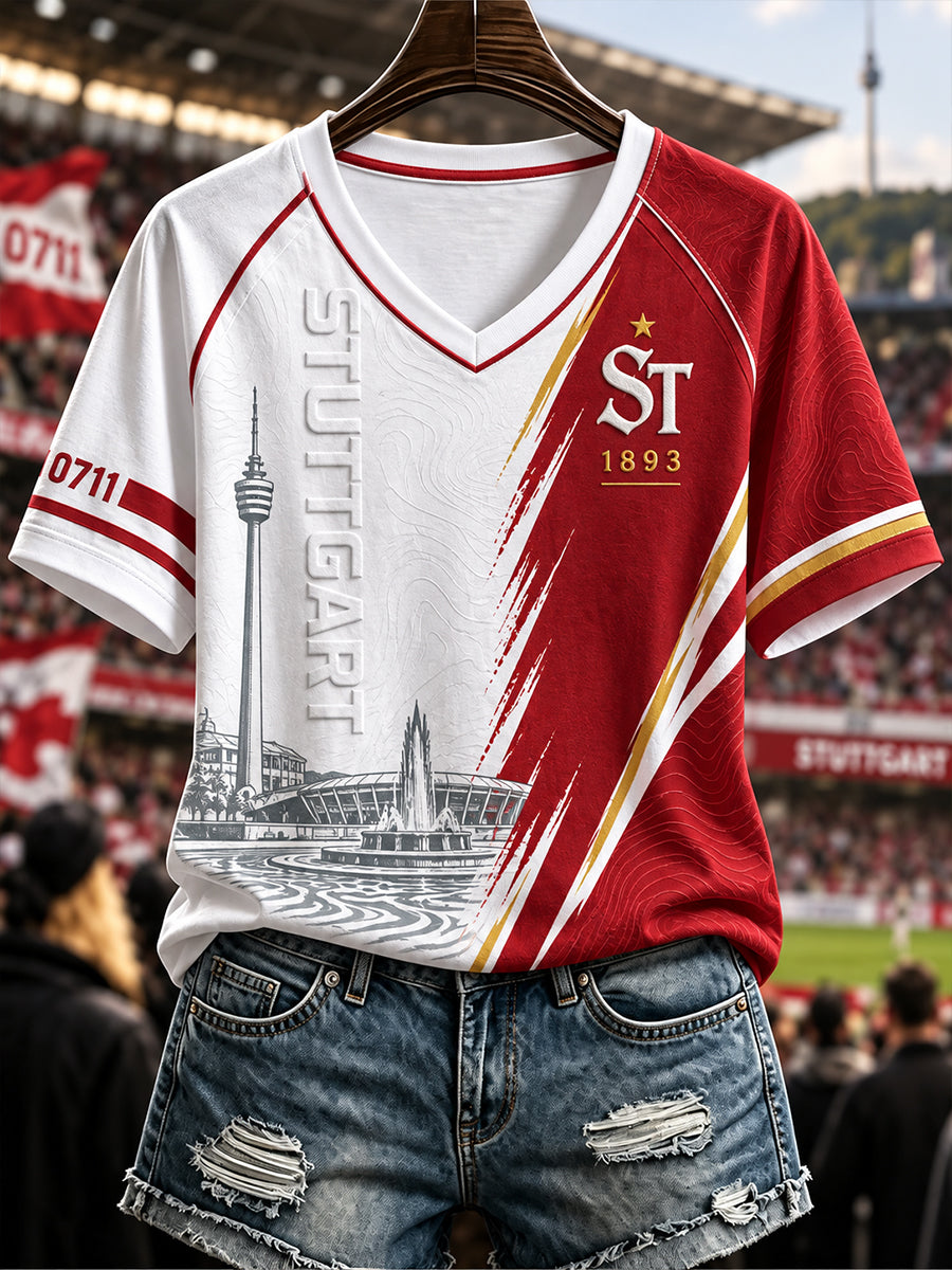 Women's Vfb Stuttgart V-Neck Off-Shoulder Short-Sleeved T-Shirt