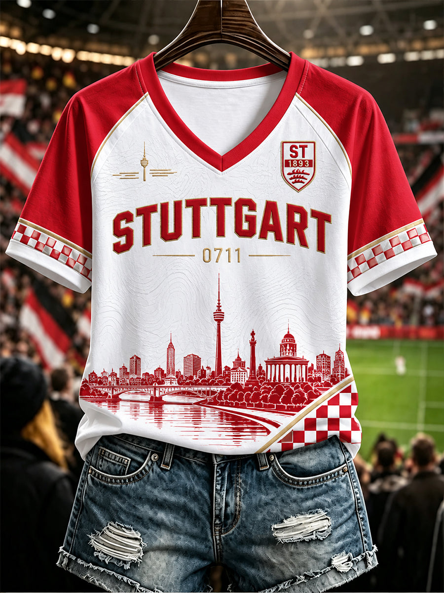 Women's Vfb Stuttgart V-Neck Off-Shoulder Short-Sleeved T-Shirt