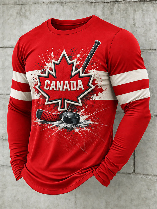 Men's Canadian Hockey Printed Long Sleeved Round Neck T-shirt
