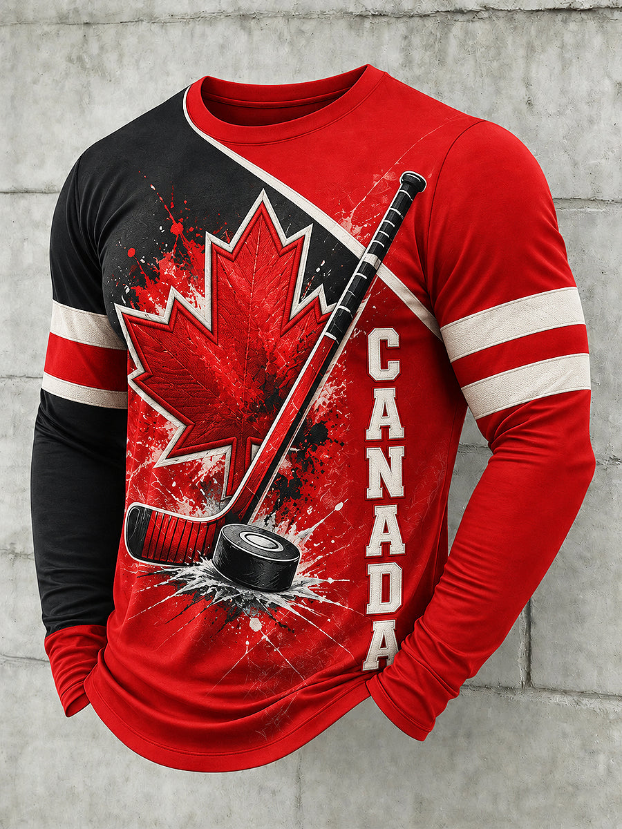Men's Canadian Hockey Printed Long Sleeved Round Neck T-shirt