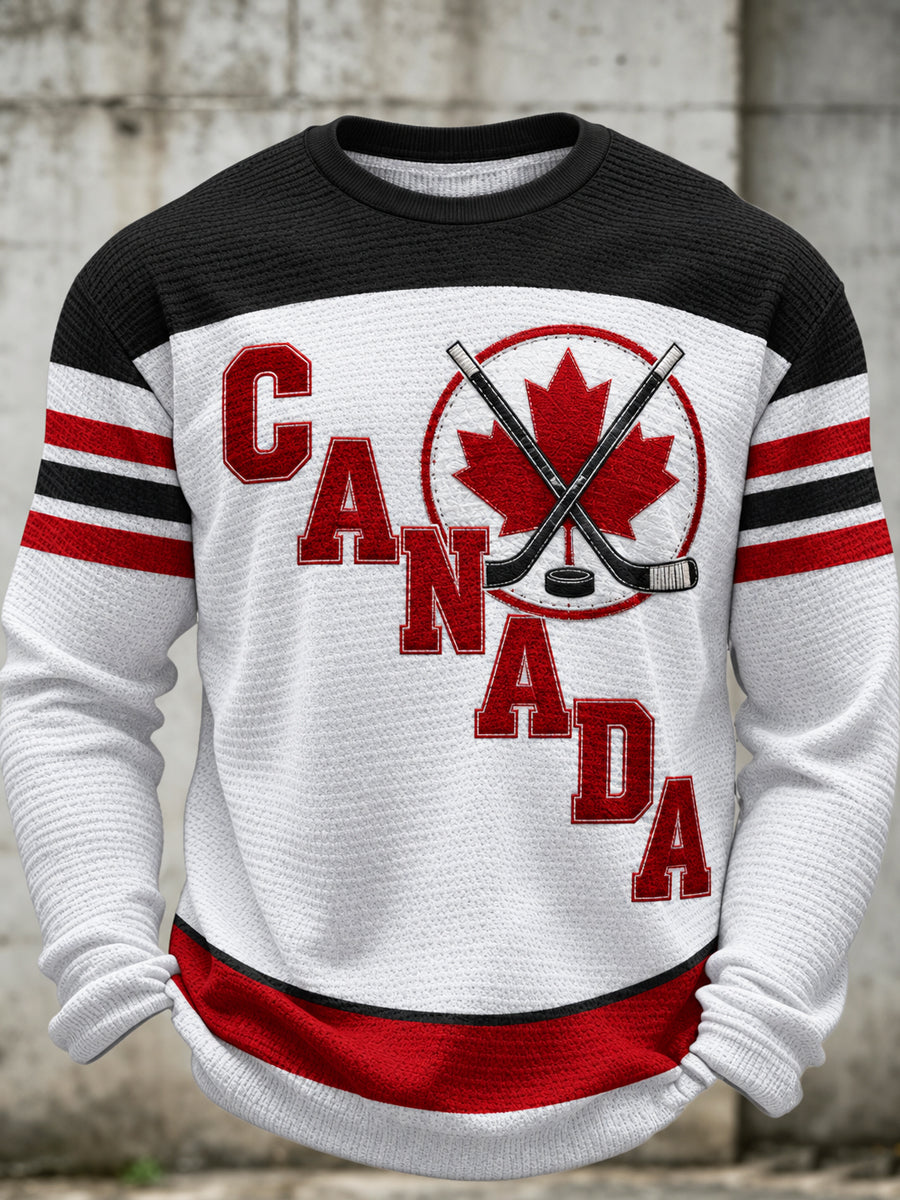 Men's Canadian Hockey Printed Waffle Long Sleeved Round Neck Sweatshirt
