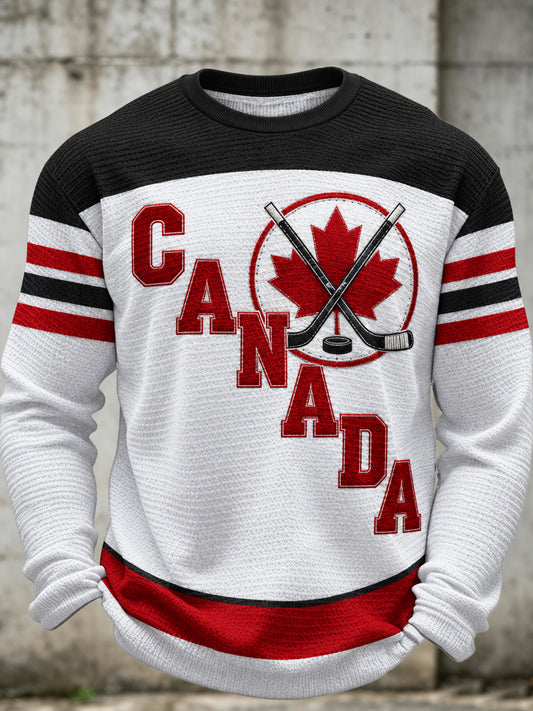 Men's Canadian Hockey Printed Waffle Long Sleeved Round Neck Sweatshirt
