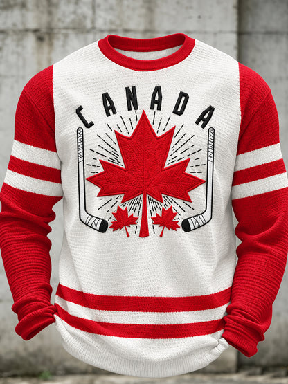 Men's Canadian Hockey Printed Waffle Long Sleeved Round Neck Sweatshirt
