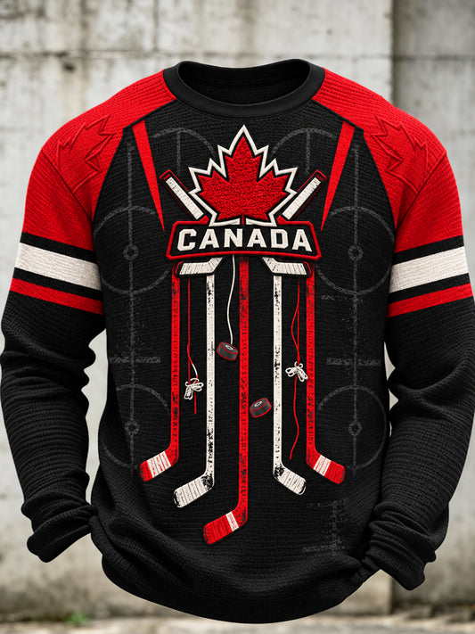 Men's Canadian Hockey Printed Waffle Long Sleeved Round Neck Sweatshirt