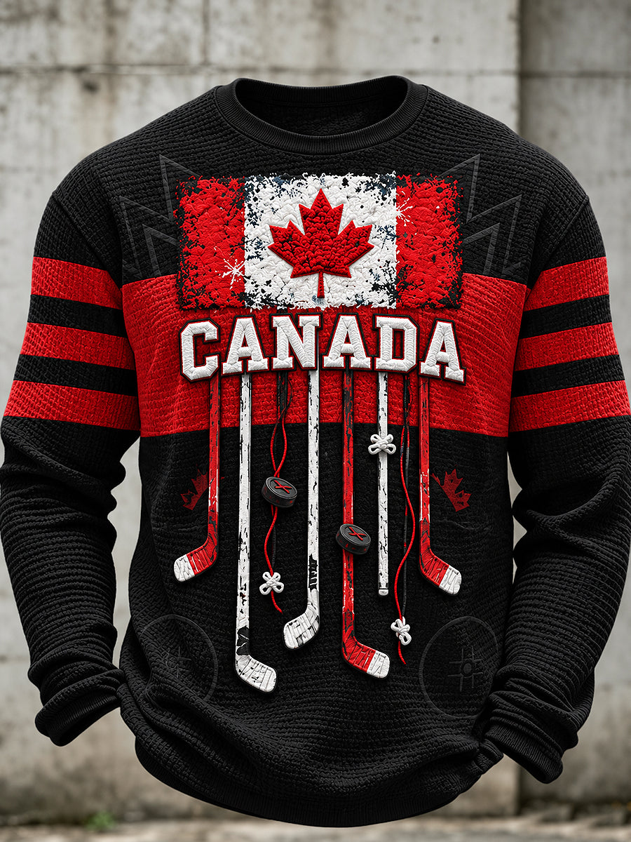 Men's Canadian Hockey Printed Waffle Long Sleeved Round Neck Sweatshirt