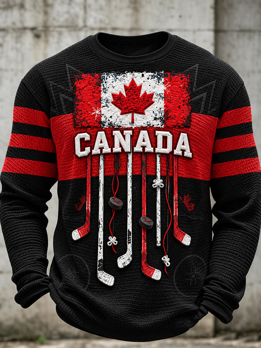 Men's Canadian Hockey Printed Waffle Long Sleeved Round Neck Sweatshirt