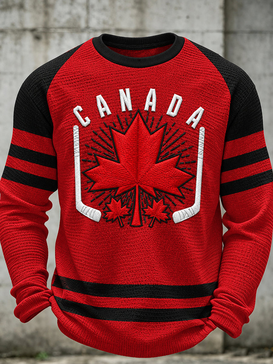 Men's Canadian Hockey Printed Waffle Long Sleeved Round Neck Sweatshirt