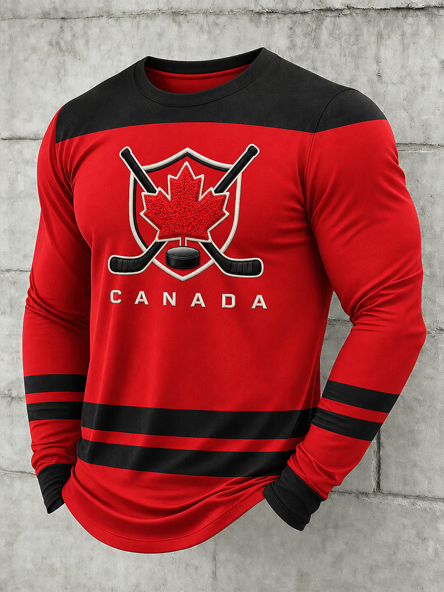 Men's Canadian Hockey Printed Long Sleeved Round Neck T-shirt