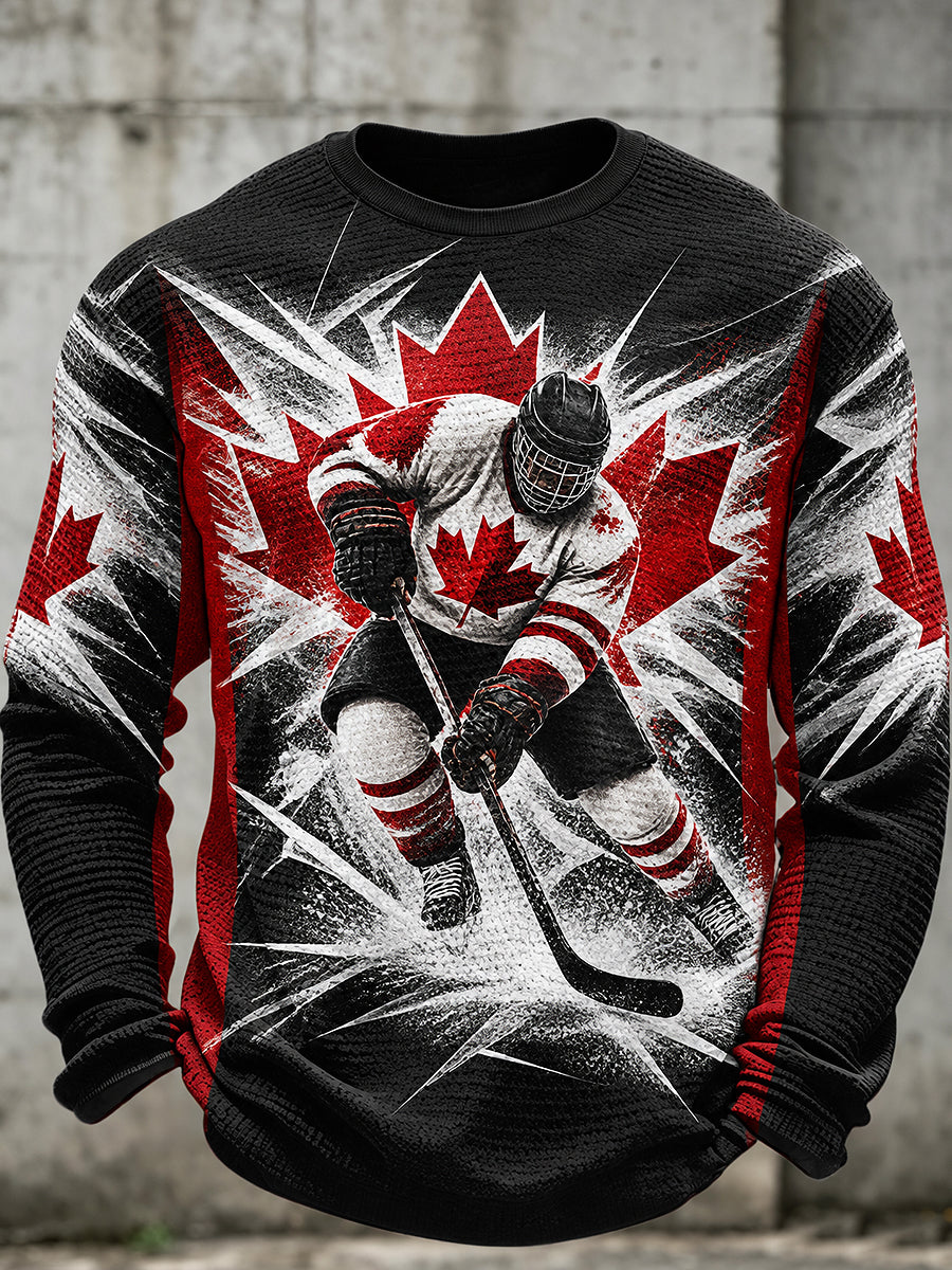 Men's Canadian Hockey Printed Waffle Long Sleeved Round Neck Sweatshirt