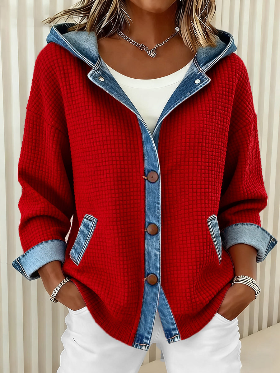 Women's Fashion Patchwork Design Waffle Hooded Cardigan