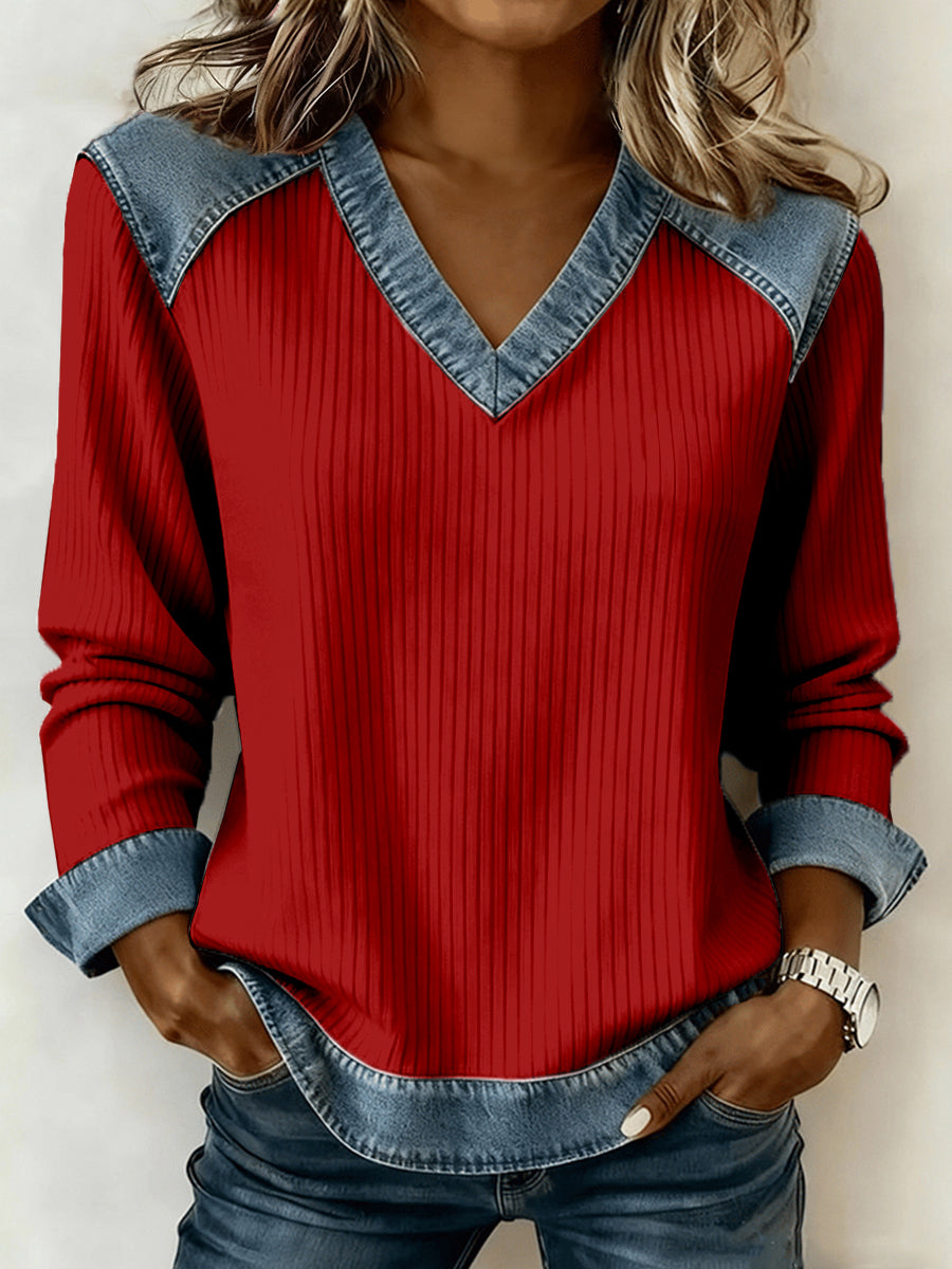 Women's Christmas Inspired Patchwork Art V-Neck Top