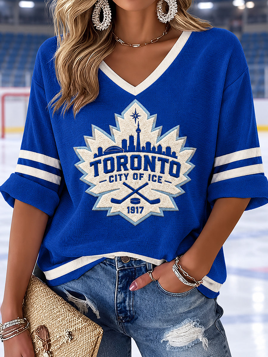 Women's V-neck Mid-Sleeve Toronto Ice Hockey Printed Casual T-shirt