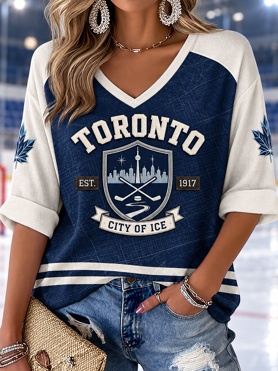 Women's V-neck Mid-Sleeve Toronto Ice Hockey Printed Casual T-shirt