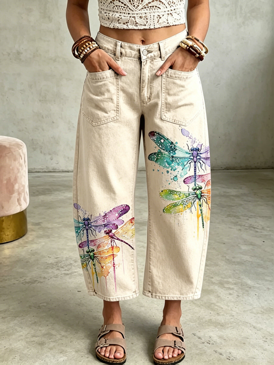 Women's Animal Dragonfly Art Print Pocketing Trousers