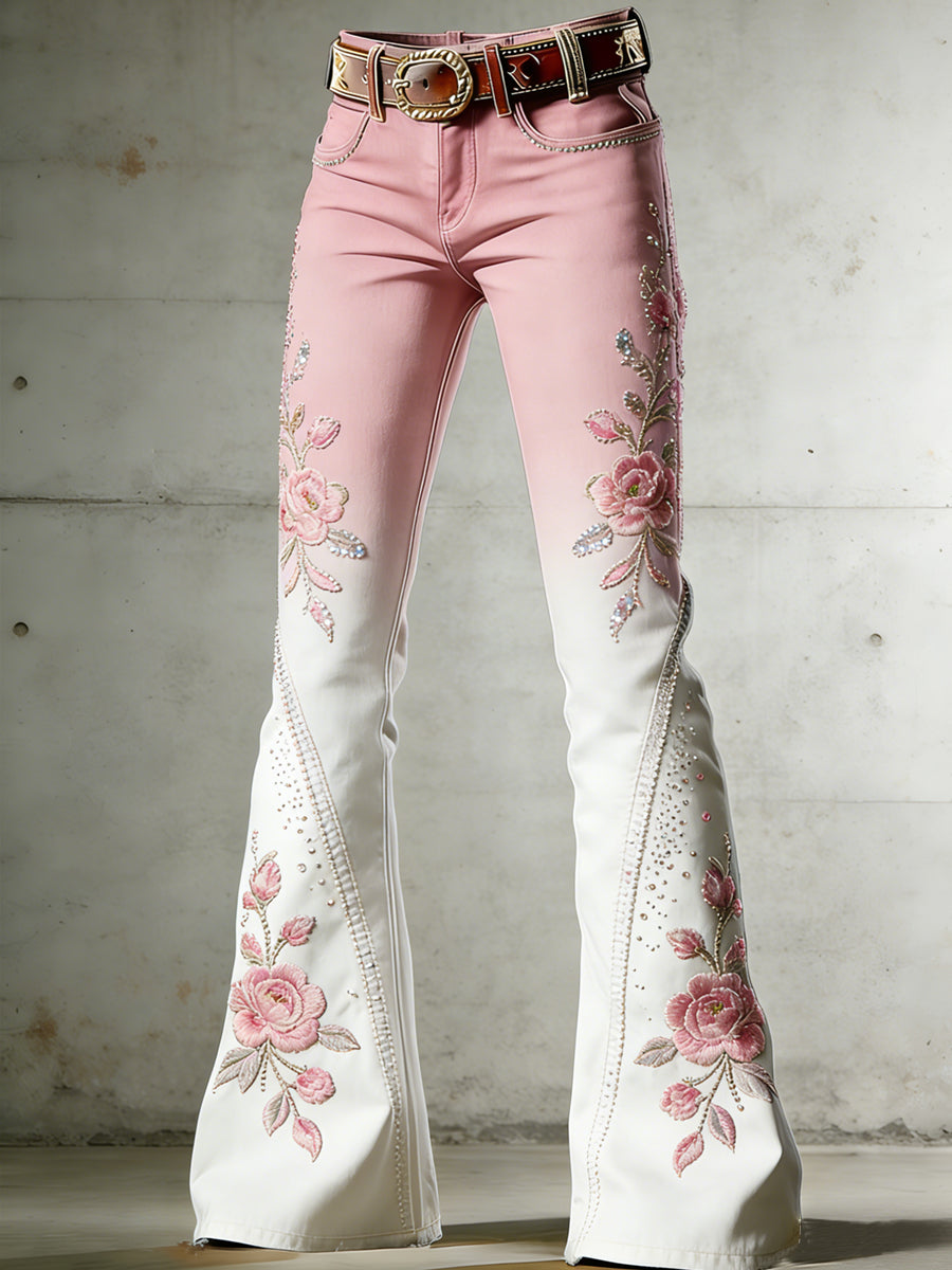 Women's Flower Art Print Flared Trousers