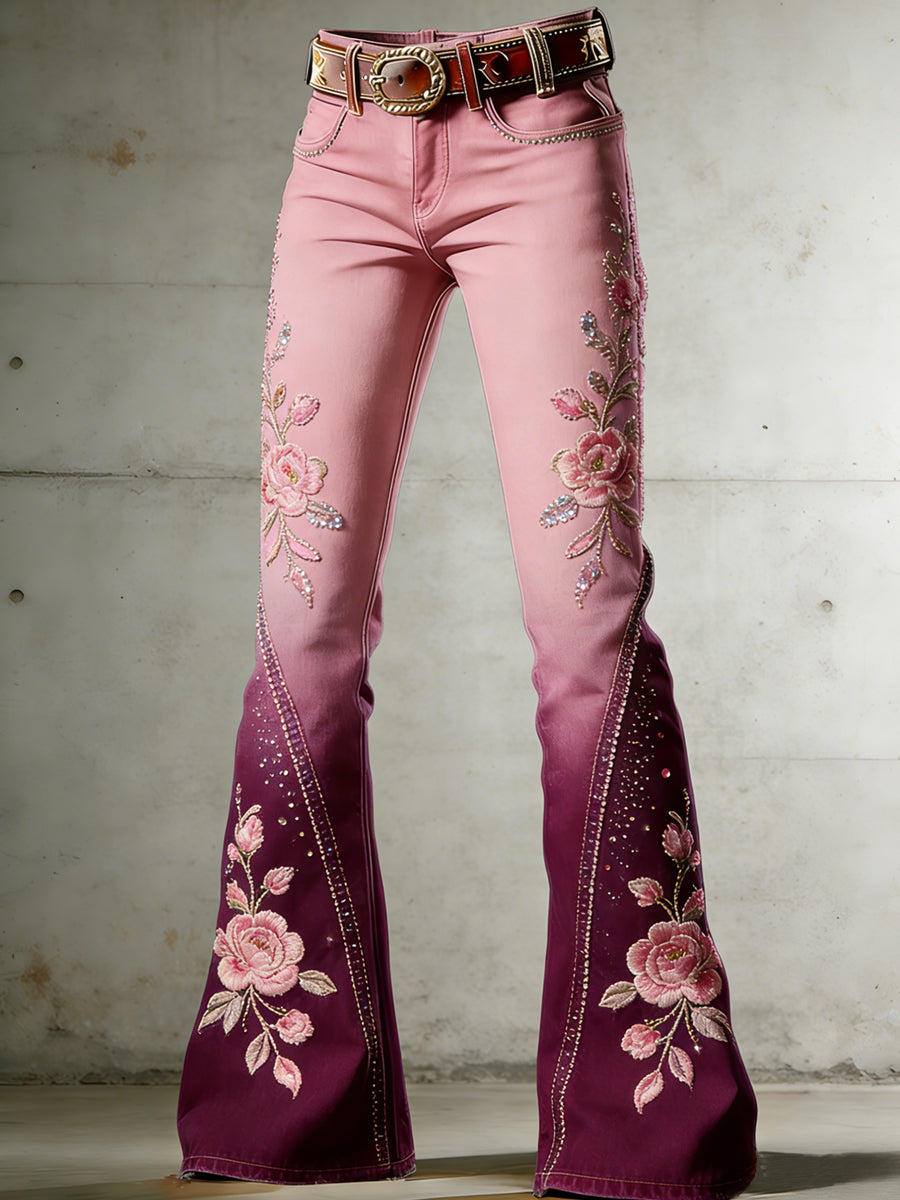 Women's Flower Art Print Flared Trousers